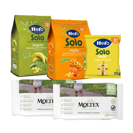 Förpackning med morots- och majssnacks Hero + majs- och havresnacks Hero + ärt- och majssnacks Hero + 2 våtservetter Moltex Pure & Nature