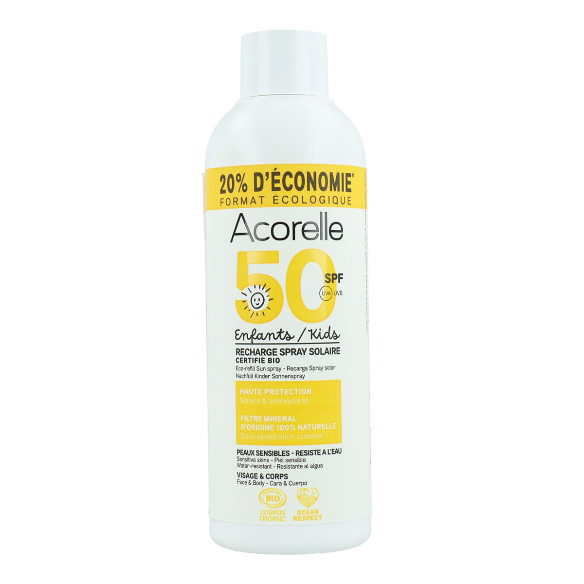 High protection sun spray refill for children SPF50 Acorelle 150 ml