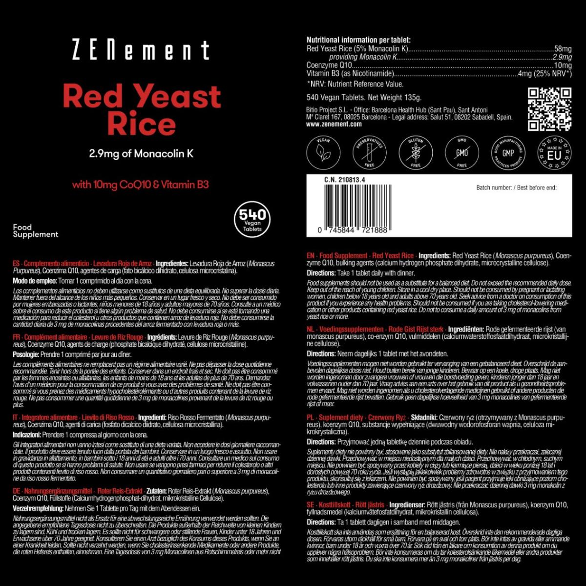 Röd risjäst, med 2,9 mg monacolin K + 10 mg CoQ10 + 4 mg vitamin B3 Zenement, 540 tabletter