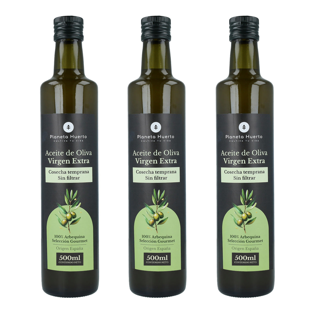Pack 3x Aceite de oliva virgen extra de cosecha temprana verde sin filtrar Planeta Huerto 500 ml