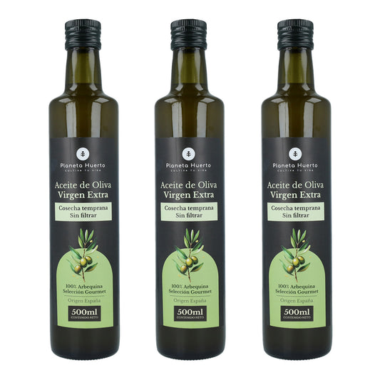 Pack 3x Aceite de oliva virgen extra de cosecha temprana verde sin filtrar Planeta Huerto 500 ml