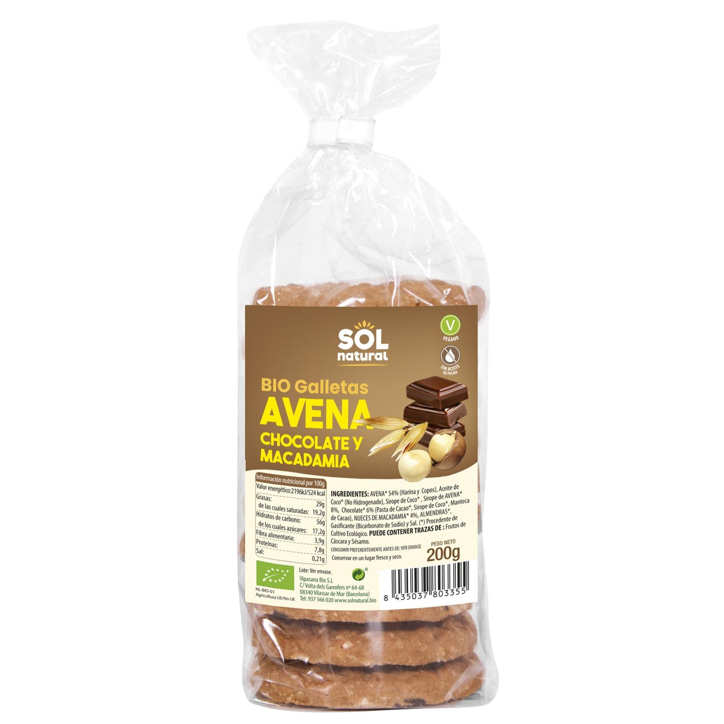 Biscotti d'avena con cioccolato e macadamia bio Sol Natural 200 g