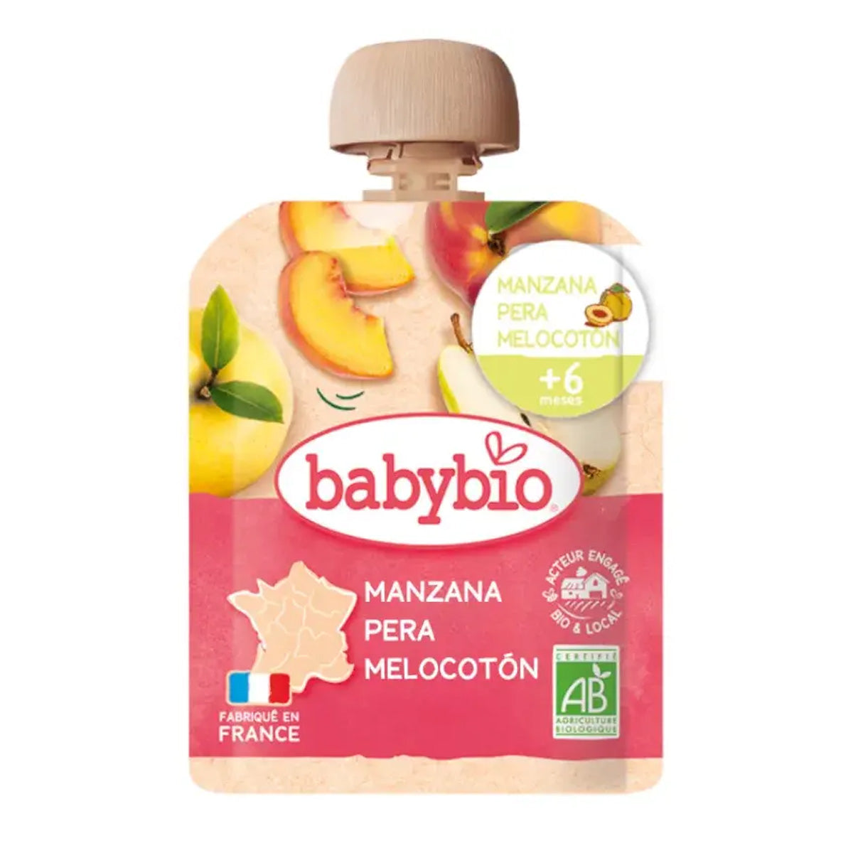 Påse med äpple, päron och persika (från 6 månader) BabyBio 90 g