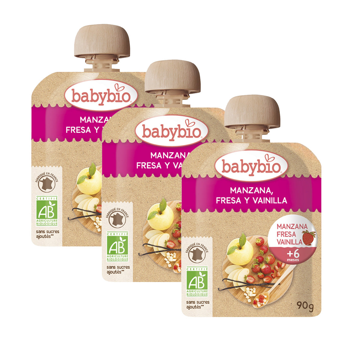 3er-Pack Fruchtbeutel: Apfel, Erdbeere und Vanille, Babybio, 90 g