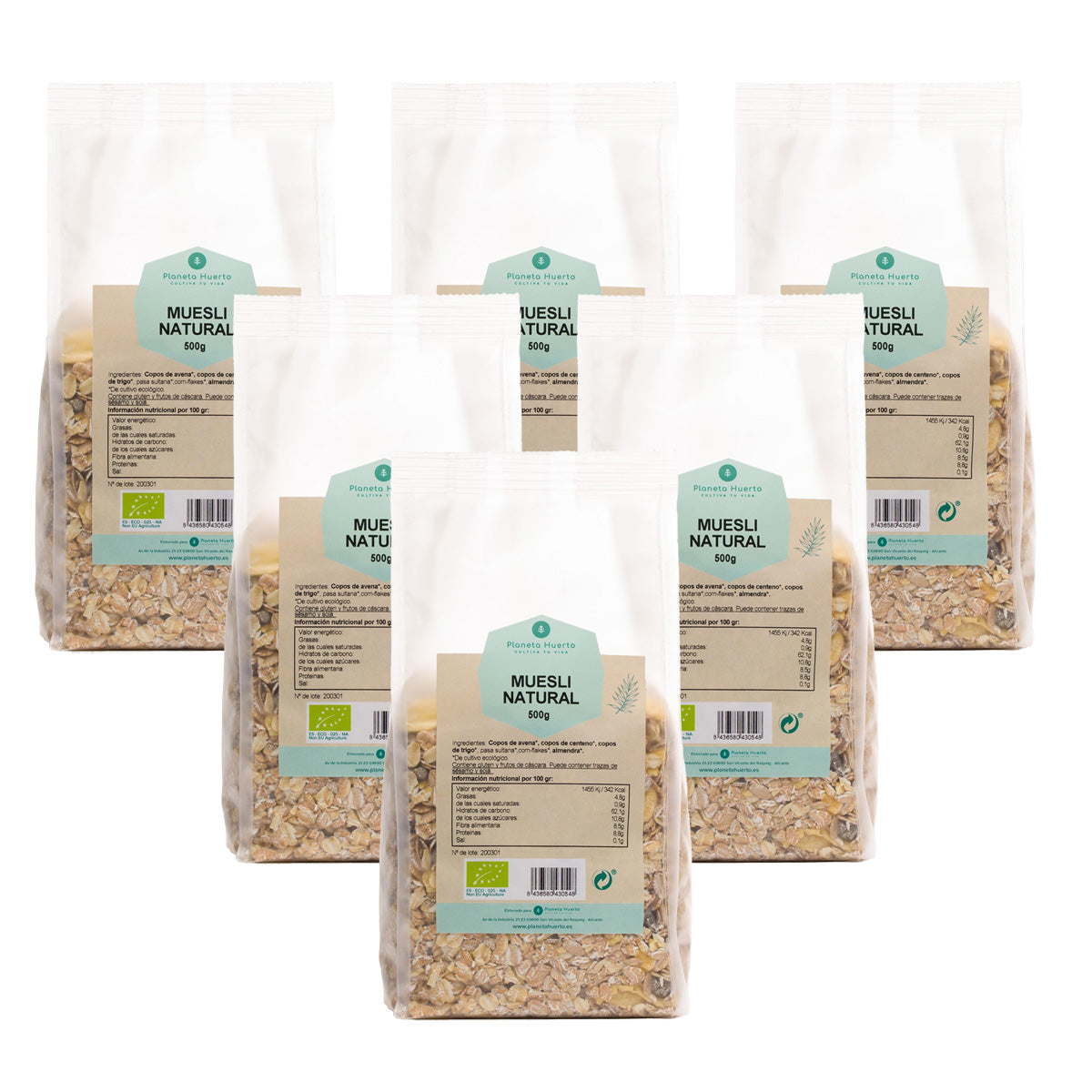 Pakket 6x Natuurlijke muesli met rozijnen ECO Planeta Huerto 500 g