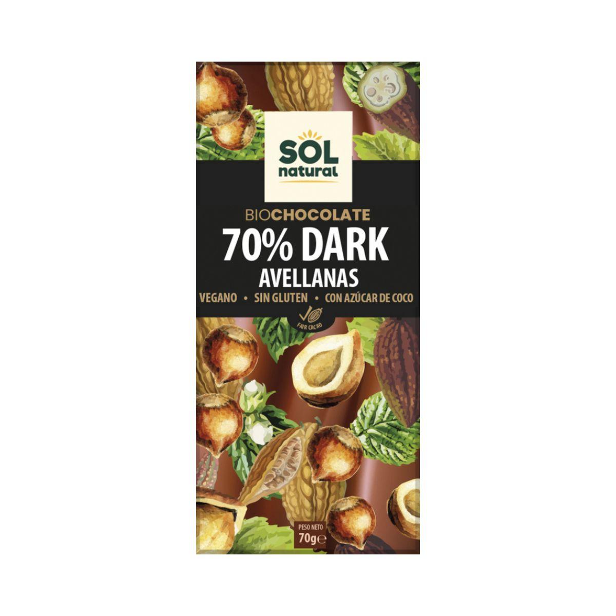 Veganistische pure chocolade 70% met biologische hazelnoten Sol Natural 70 g