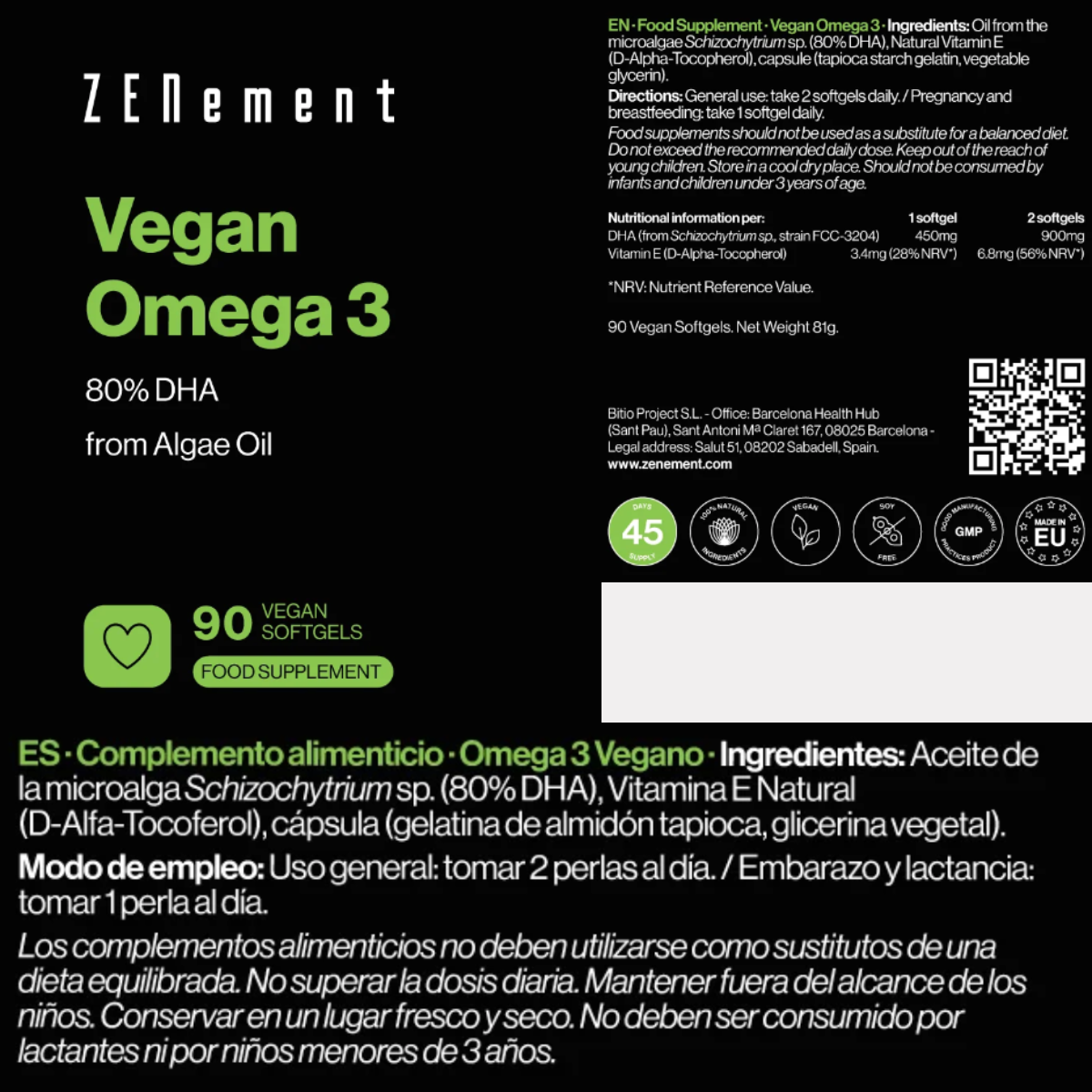 Veganes Omega 3 80 % DHA aus Algenöl Zenement 90 Kapseln