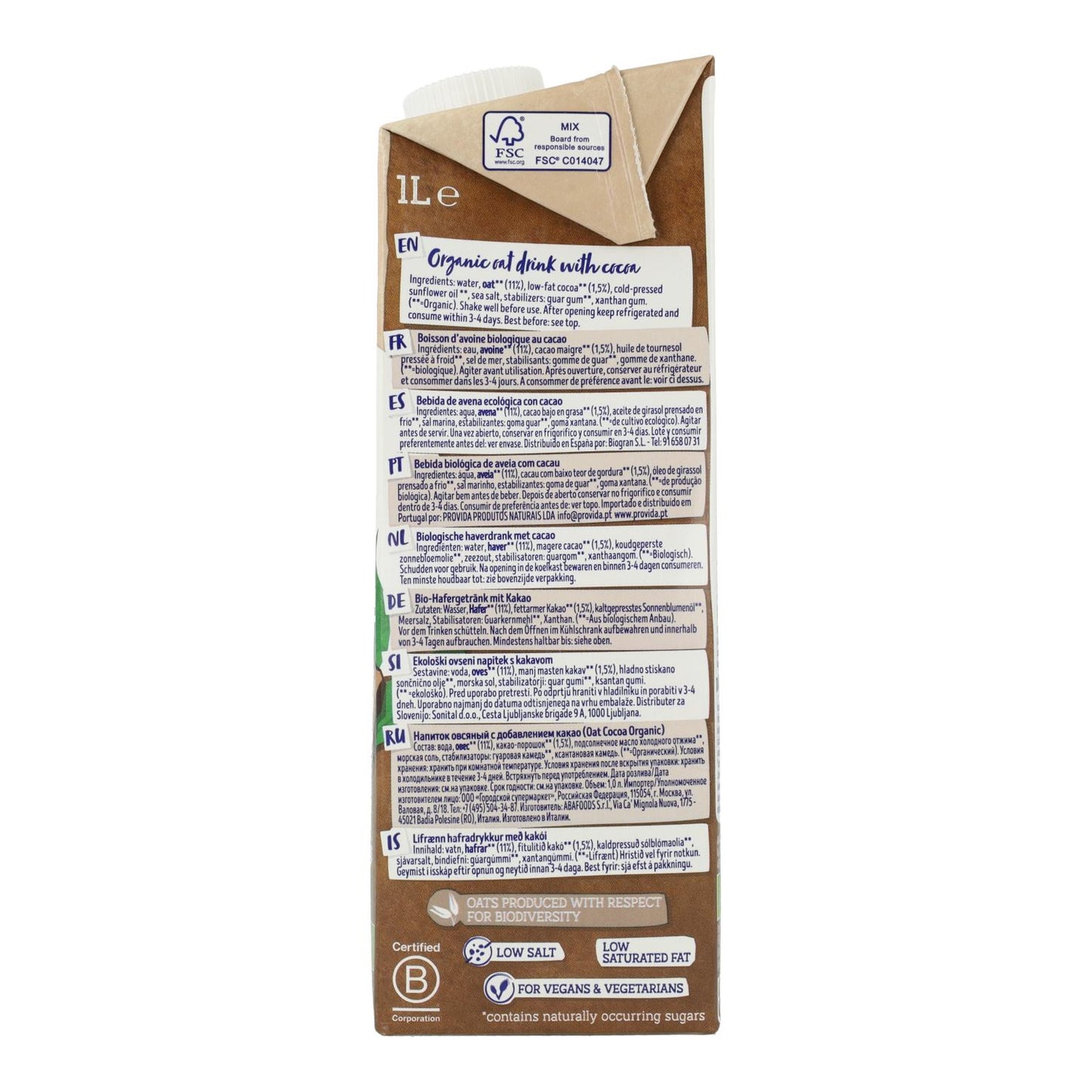 Biologische drank met haver en cacao zonder toegevoegde suikers Isola Bio 1 L