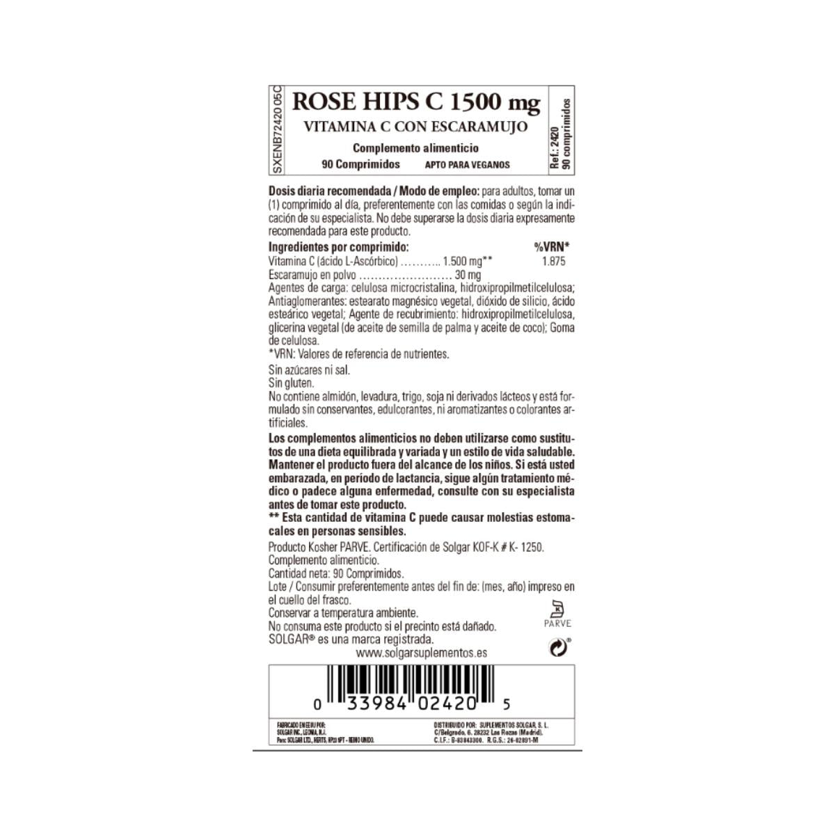 Rose Hips Vitamin C med nypon 1500 mg, 90 tabletter