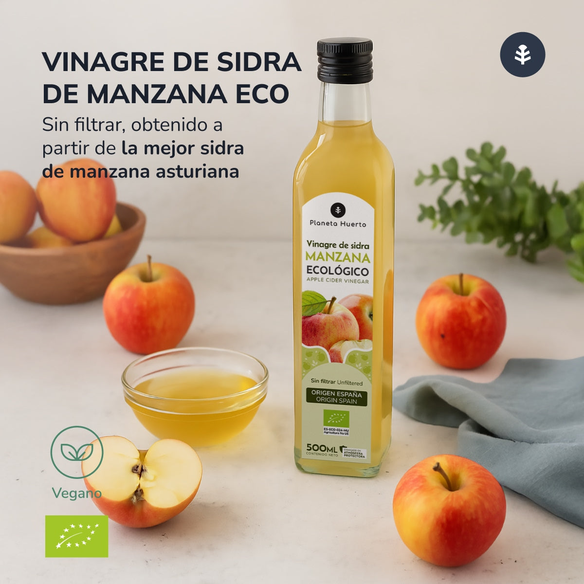Pakket 3x ongefilterde appelazijn ECO Planeta Huerto 500 ml