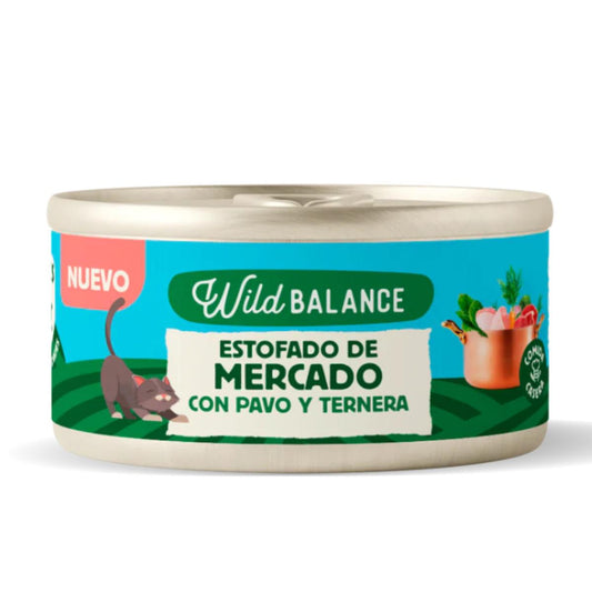 Volledig blik marktstoofpotje met kalkoen en rundvlees voor katten Wild Balance 80 g