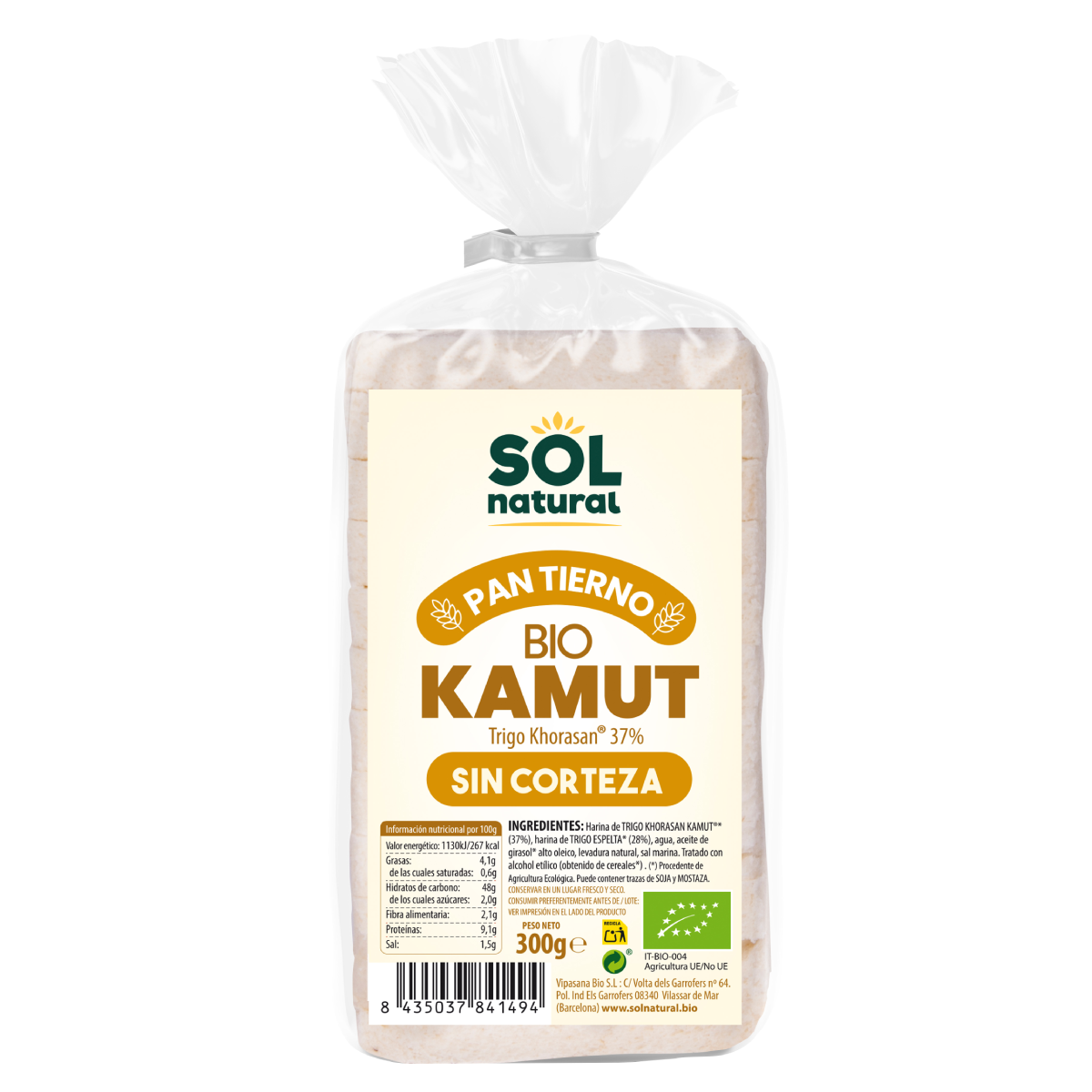 Pan de Molde de Kamut Sin Corteza Bio Sol Natural  300 g