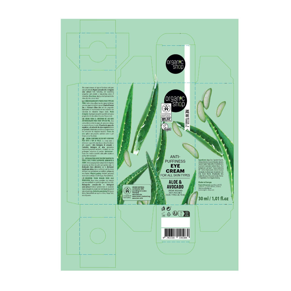 Krem pod oczy przeciw opuchnięciom z aloesem i awokado Organic Shop 30 ml