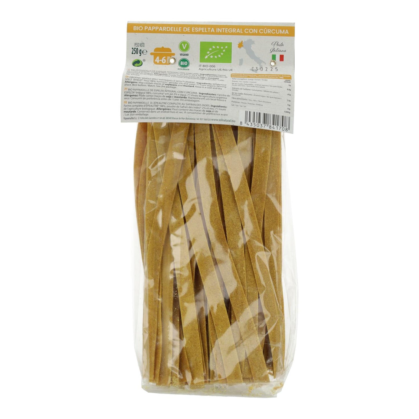 Parpadelle de Espelta Integral con Cúrcuma BIO Sol Natural 250g