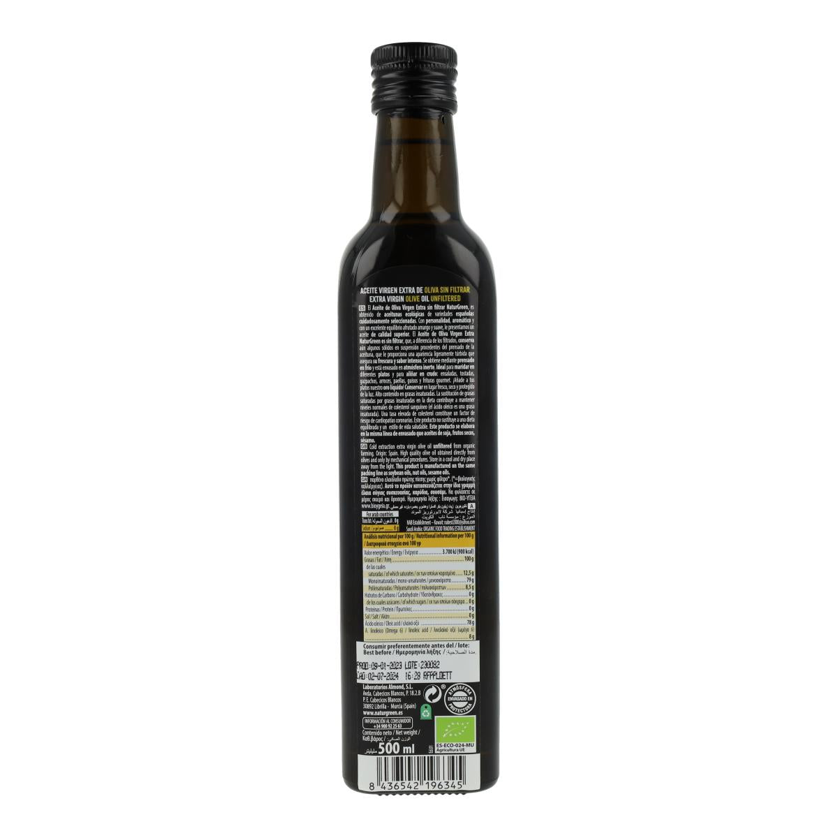 Huile d'olive extra vierge non filtrée bio NaturGreen, 500 ml