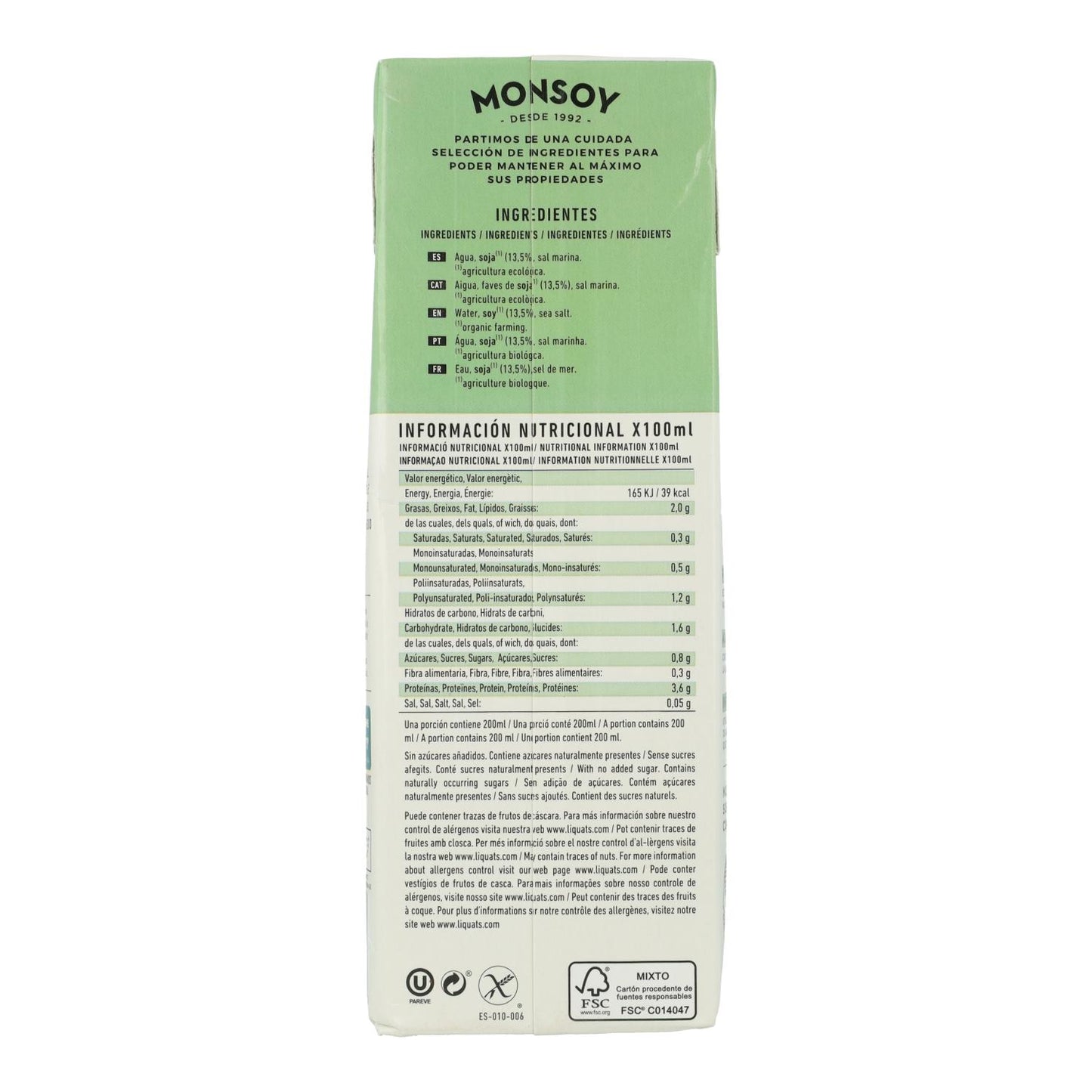 Pack 6ud Bebida Soja BIO Monsoy, 1L