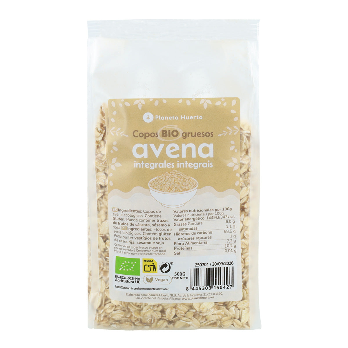 Pack 2x Copos de Avena integrales gruesos ECO Planeta Huerto 500 g