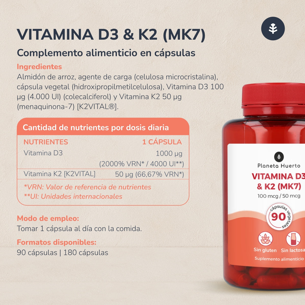 Pack 2xVitamine D3 & K2 Mk7 Planeta Huerto 180 Capsules