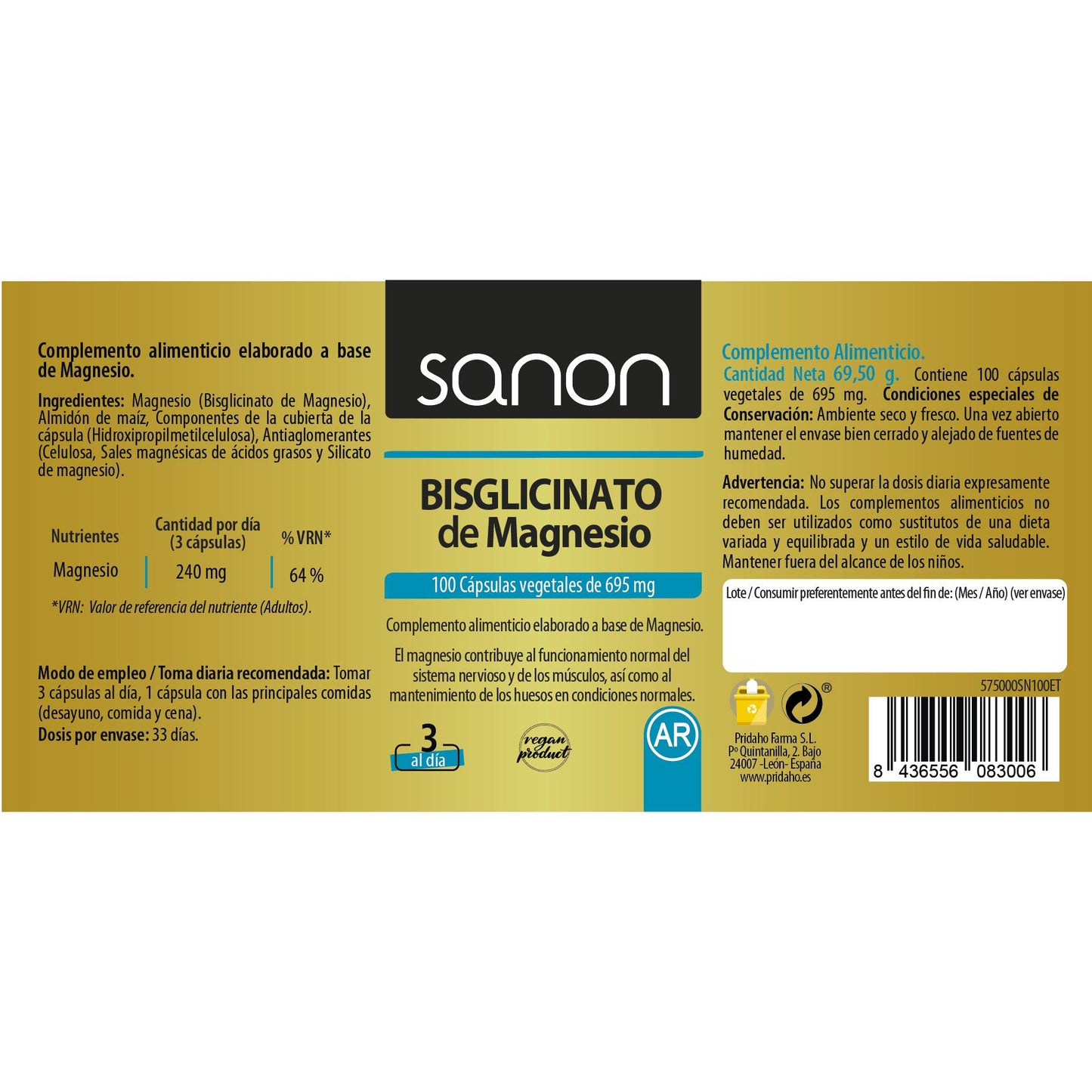 Magnesium bisglycinaat SANON 100 plantaardige capsules 550 mg