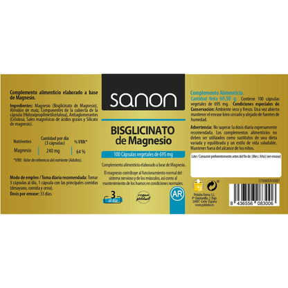 Magnesium bisglycinaat SANON 100 plantaardige capsules 550 mg