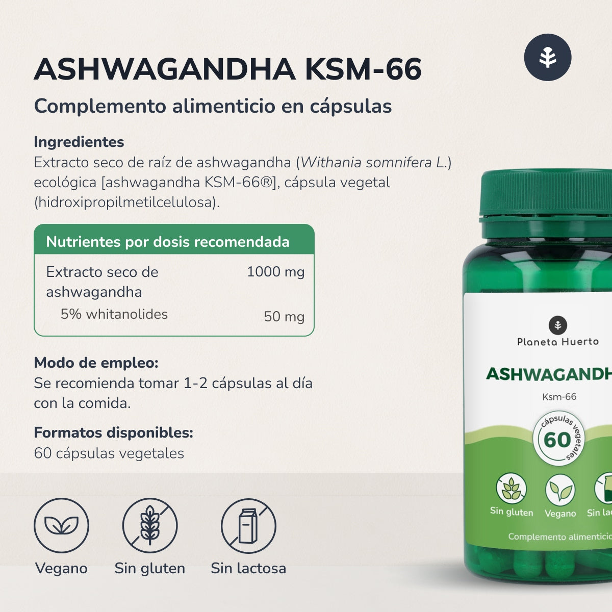 Pack of 2 x Ashwagandha KSM-66 Planeta Huerto 60 capsules