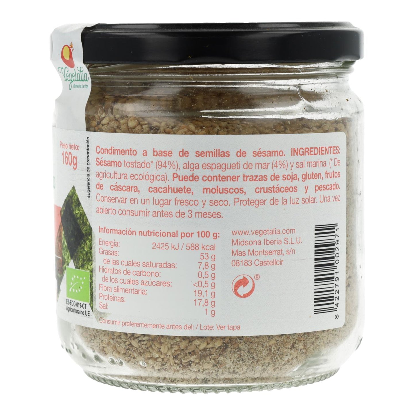 Gomasio aux algues en pot en verre Vegetalia 160 g
