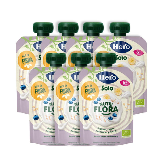 Confezione x7 bustine Nutri Flora gusto banana, mirtilli, yogurt e avena 100 g Hero Solo