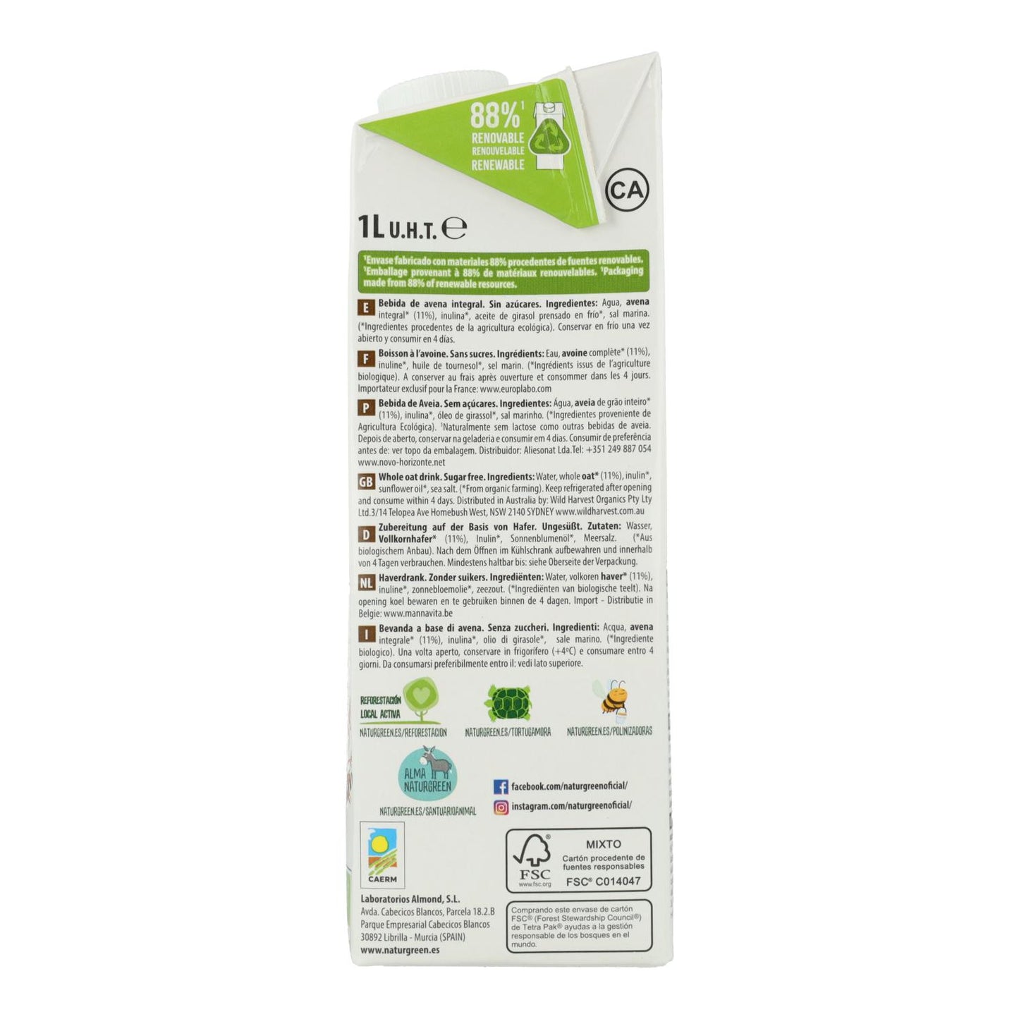 Zestaw 6 szt. Napój z pełnego ziarna owsa 0% cukru Bio NaturGreen 1 l