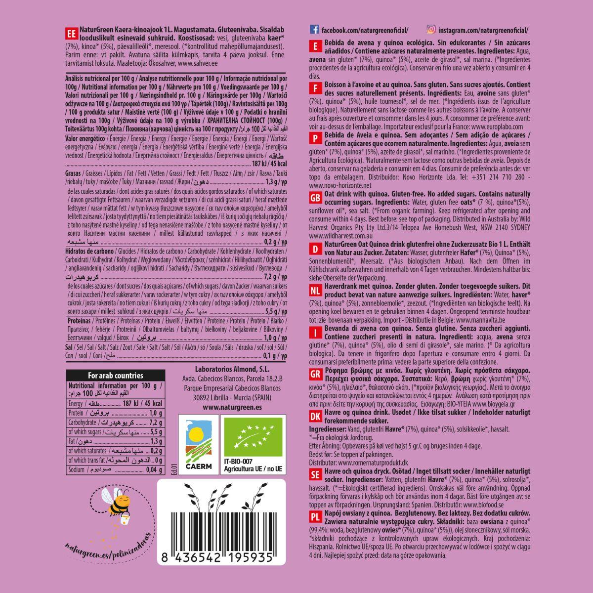 Glutenfreies Bio-Getränk aus Hafer und Quinoa NaturGreen 1 l