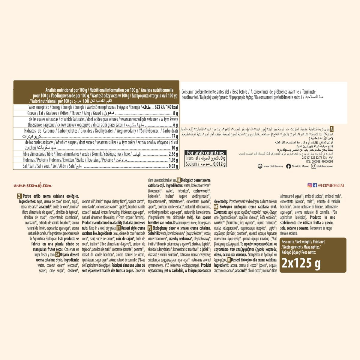 Crème dessert bio style catalane Ecomill 2 unités de 125 g