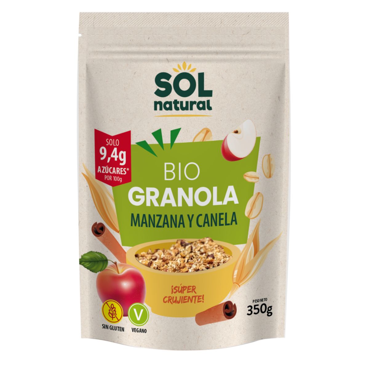 Glutenvrije havermoutgranola met appel en kaneel Bio, Sol Natural, 350 g