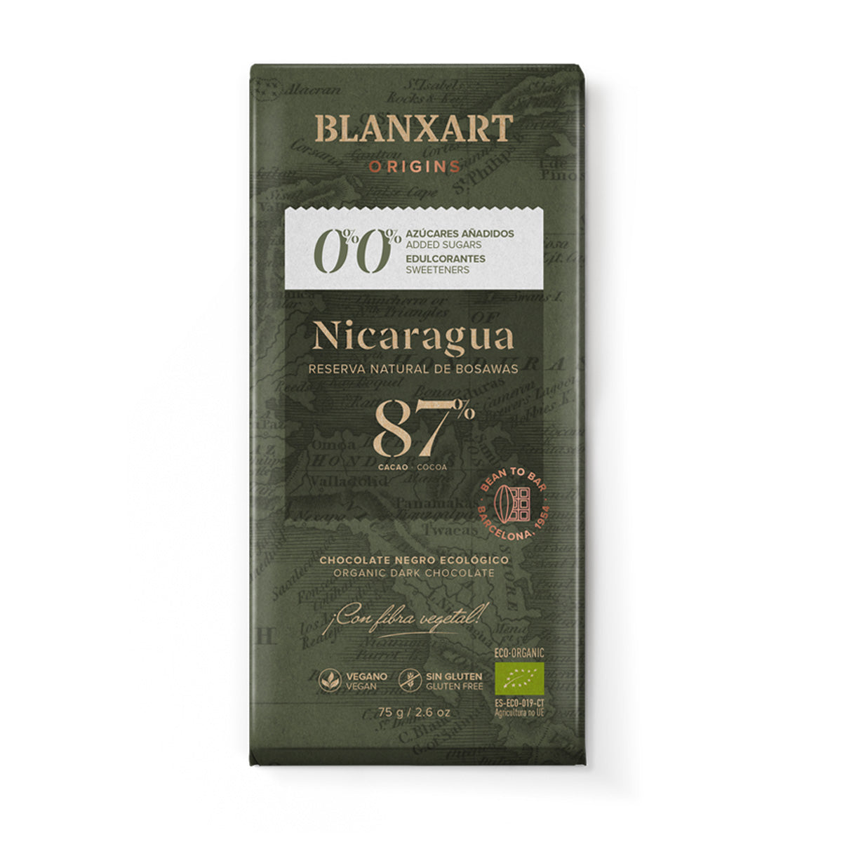 Chocolat Nicaragua 87 % sans sucre ni édulcorant, bio, végétalien, sans gluten, Blanxart 75 g