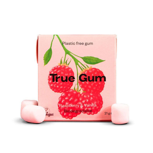 Plastfri tuggummi med hallon- och vaniljsmak True Gum 21 g
