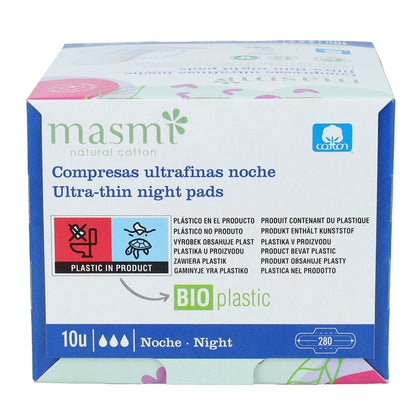 Serviettes hygiéniques ultra nuit 100 % coton Masmi 10 unités