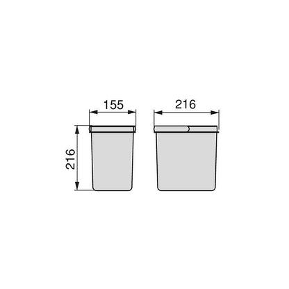 Recycle kitchen drawer containers, height 216, 2x12, anthracite grey plastic Emuca 2 units x 12 L