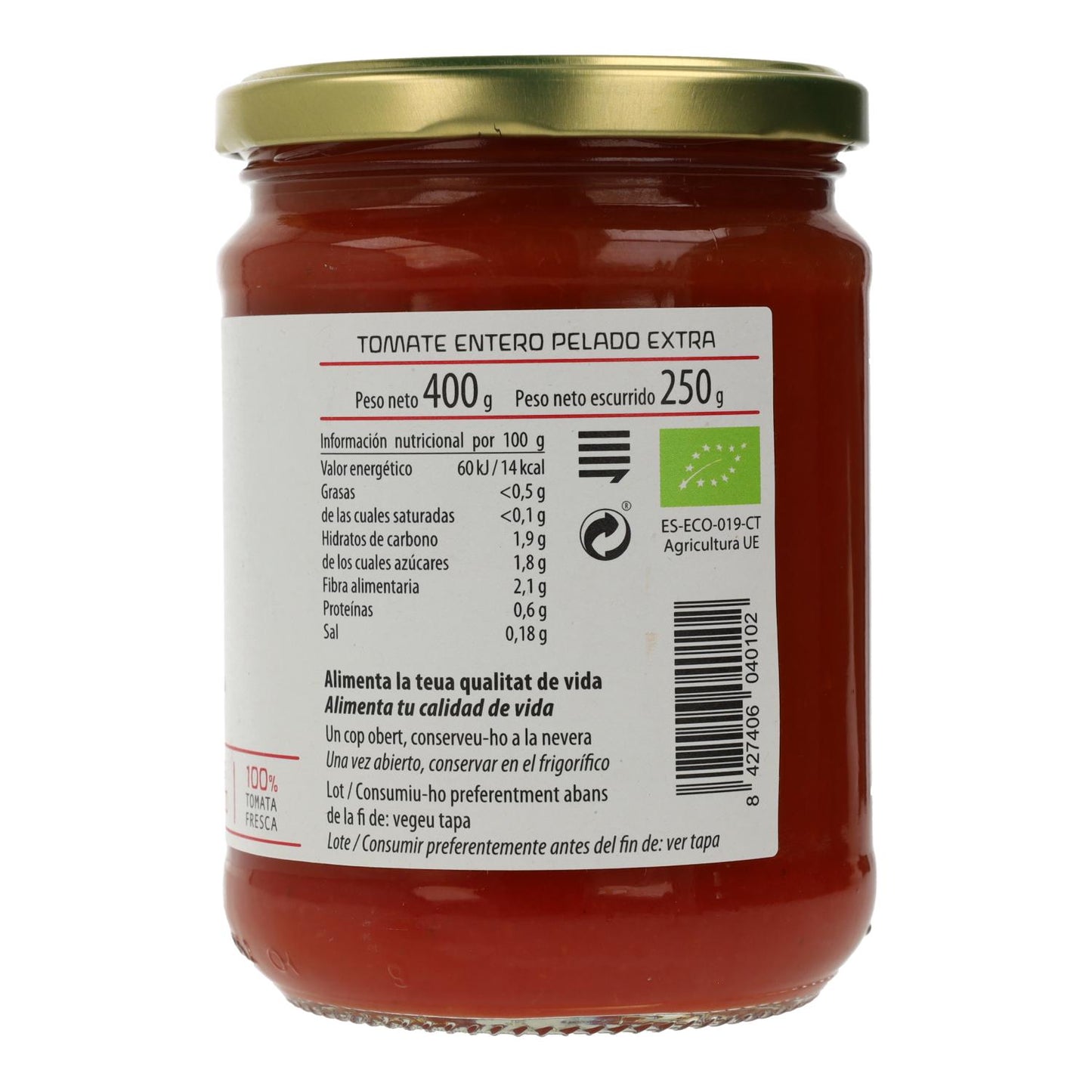 Tomate entero pelado ECO, Cal Valls, 400 g