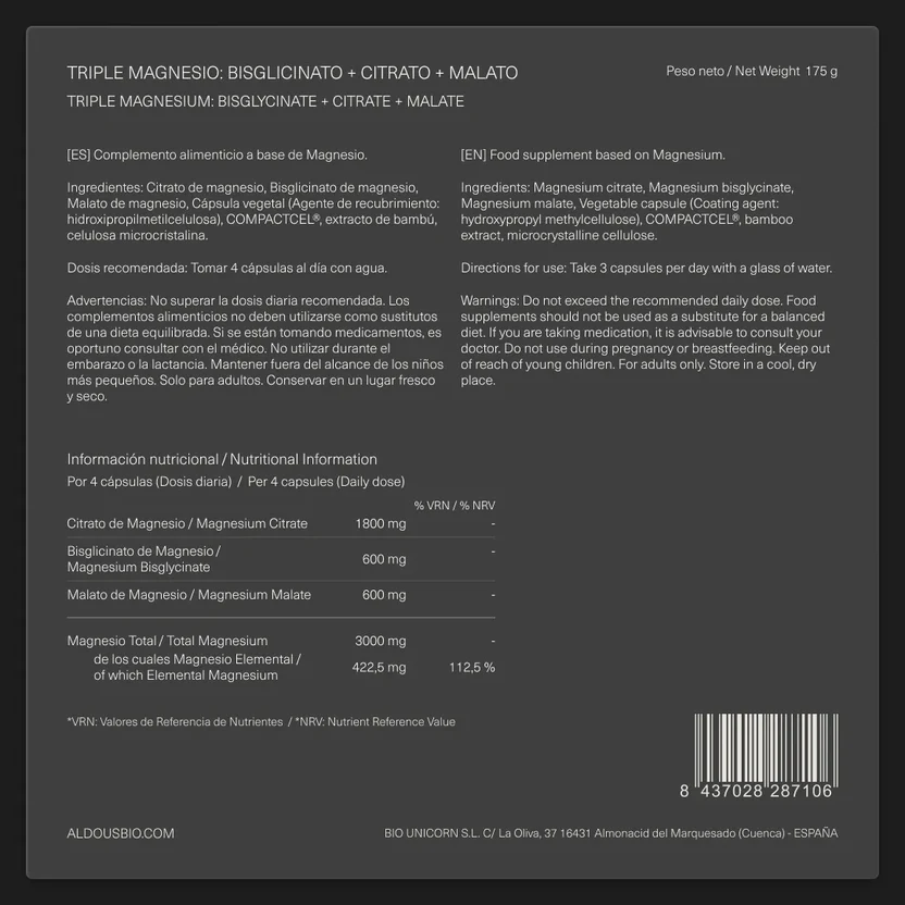 Magnesiumcomplex Triple 3000 mg magnesium, magnesium bisglycinaat, citraat en malaat Aldous Bio 200 capsules