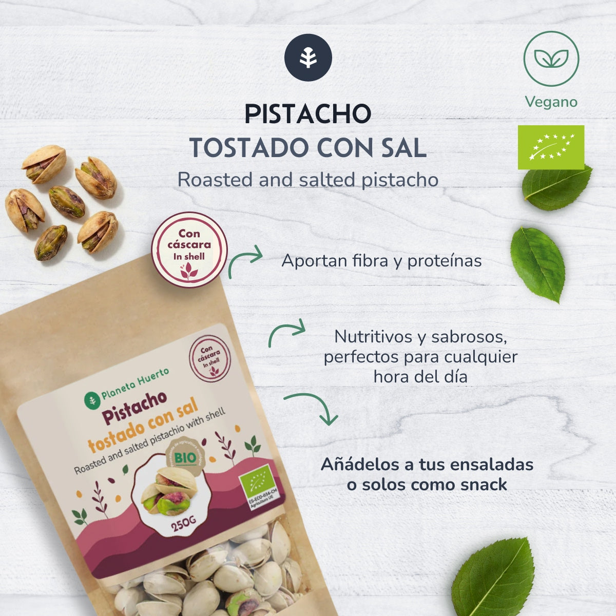 Pistachenoten in de dop, geroosterd en gezouten ECO Planeta Huerto 250 g