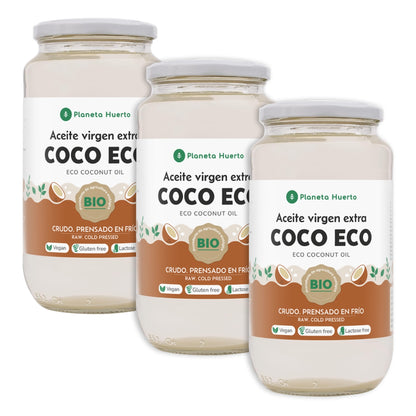 Förpackning 3x Jungfru kokosnötsolja ECO Planeta Huerto 1L