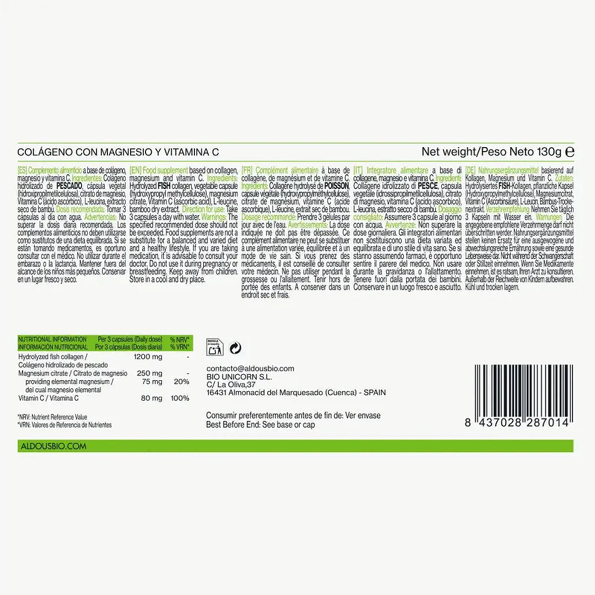 Puur gehydrolyseerd collageen met magnesium en vitamine C Aldous 200 capsules