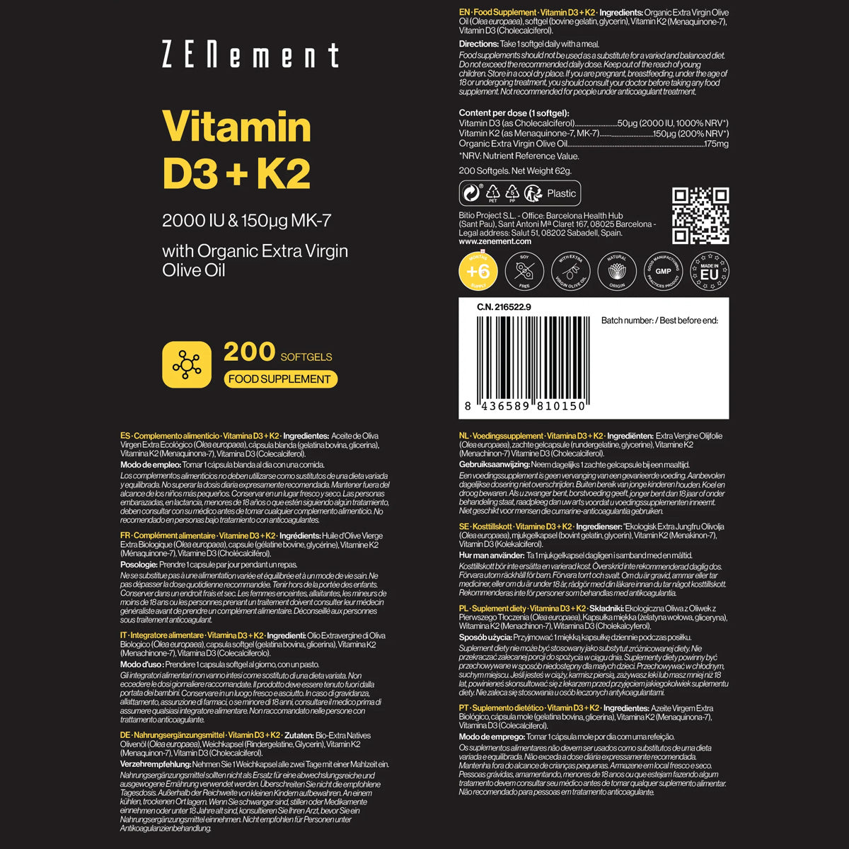 Vitamine D3 + K2, cholécalciférol (2000 UI) & MK-7 (150 μg) Zenement, 200 comprimés