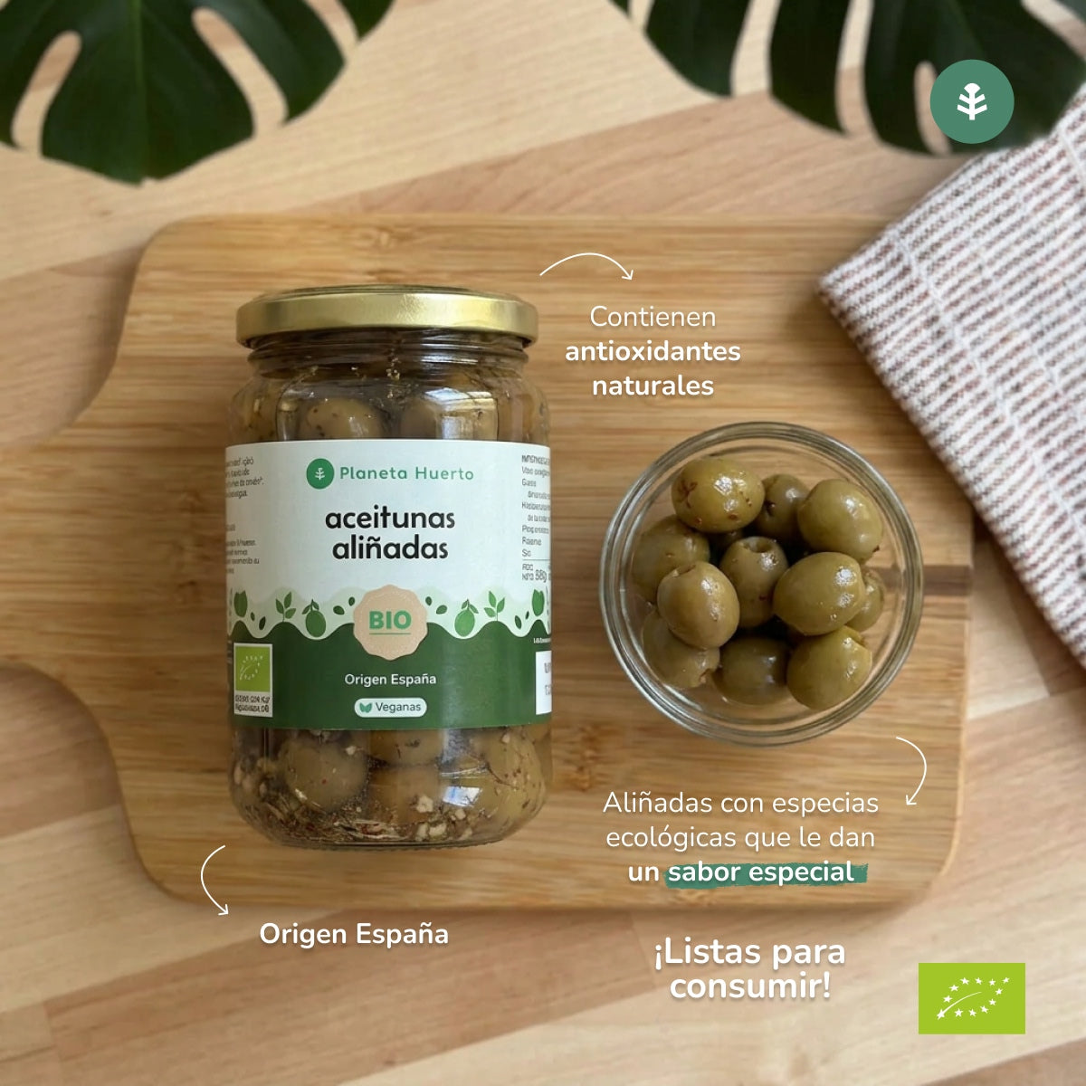 Groene olijven gekruid Eco Planeta Huerto 390g