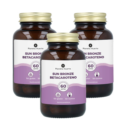 Förpackning med 3x Sun bronze betakaroten Planeta Huerto 60 kapslar