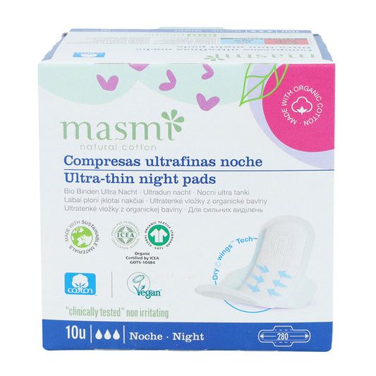 Masmi 100% cotton ultra night wing sanitary pads, 10 units