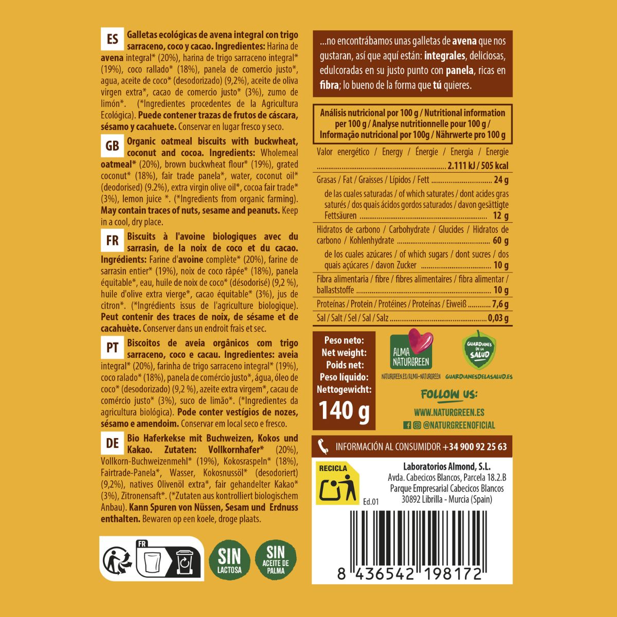 Vollkorn-Haferkeks mit Buchweizen, Kokosnuss und Bio-Kakao NaturGreen 140 g