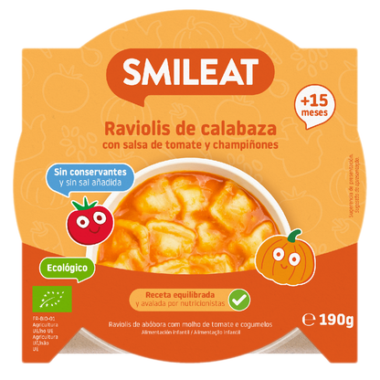 Små tallrikar med ravioli med pumpa och tomatsås ECO (från 15 månader) Smileat 190 g