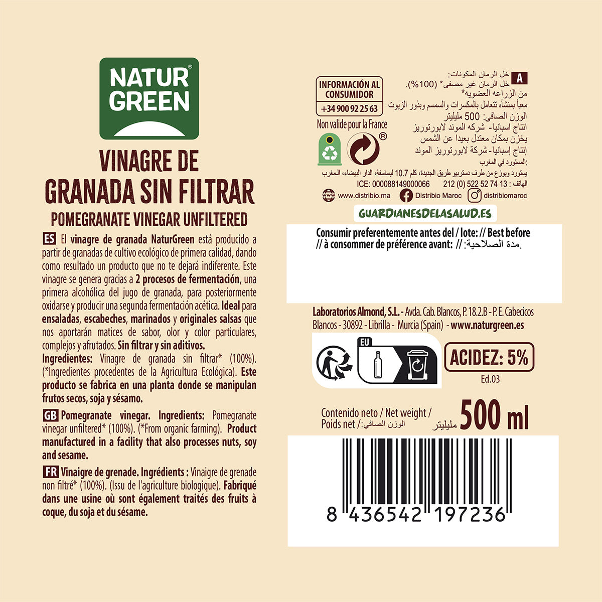 Ungefilterter Bio-Granatapfelessig NaturGreen 500 ml
