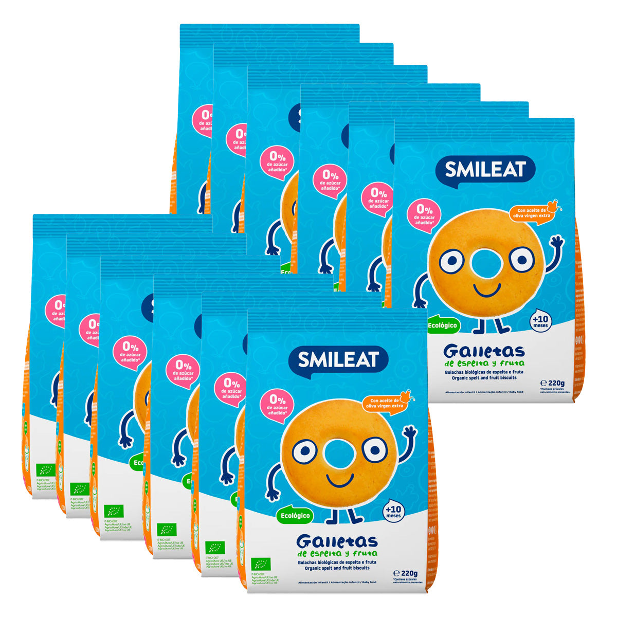 Pakket 12x ECO-koekjes voor kinderen van spelt met appel Smileat, 220 g