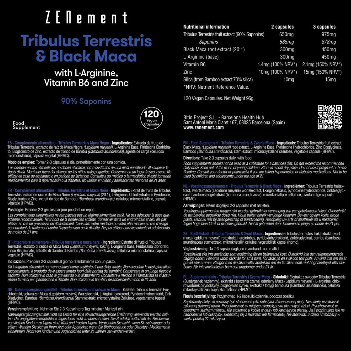 Tribulus Terrestris & Black Maca, with L-Arginine, Vitamin B6 and Zinc, Zenement 120 tablets