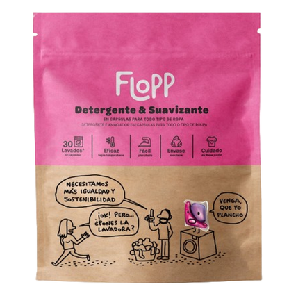Förpackning med 2 x tvättmedel med sköljmedel ECO Flopp 30 kapslar